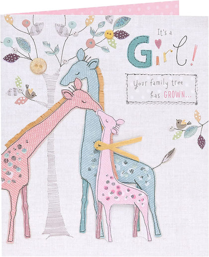 Giraffe Family Design New Baby Congratulations Handmade Card For Baby Girl