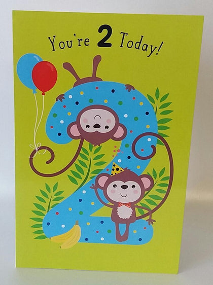 Greeting Card You're 2 Today Monkeys From The Thinking Of You Range With A Blue Foiled Finish 