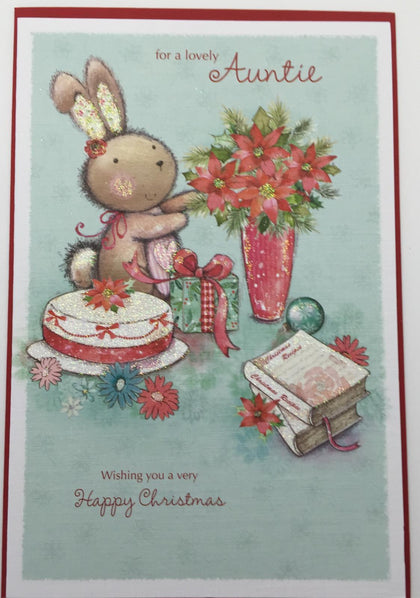 Cute Auntie Bunny With Flower Glitter Finished Christmas Card