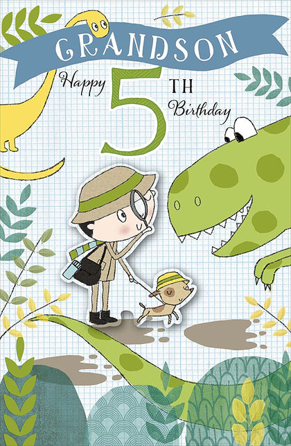 Cute Explorer and Dinosaur Design Grandson 5th Birthday Card