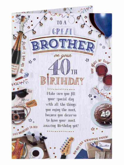 Great Brother 40th Birthday Card Age 40 Celebration Icons