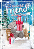 For a Wonderful Friend Tatty Teddy On Bench With Presents Design Christmas Card