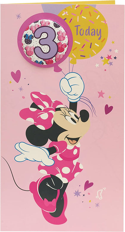 Disney Minnie Mouse Age 3 Birthday Card with Badge