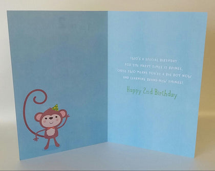 Greeting Card You're 2 Today Monkeys From The Thinking Of You Range With A Blue Foiled Finish 