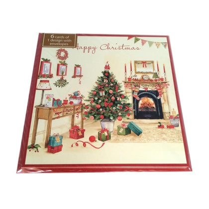 Pack of 6 Traditional Fire And Stockings Design Christmas Cards