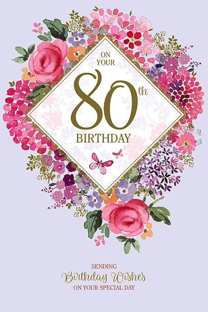 Embossed Gold Foil Finished Floral Design 80th Birthday Card